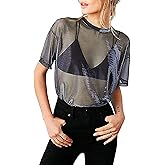 CERYIWER Womens See Through Shirts Short Sleeve Sexy Mesh Metallic Shiny Tops