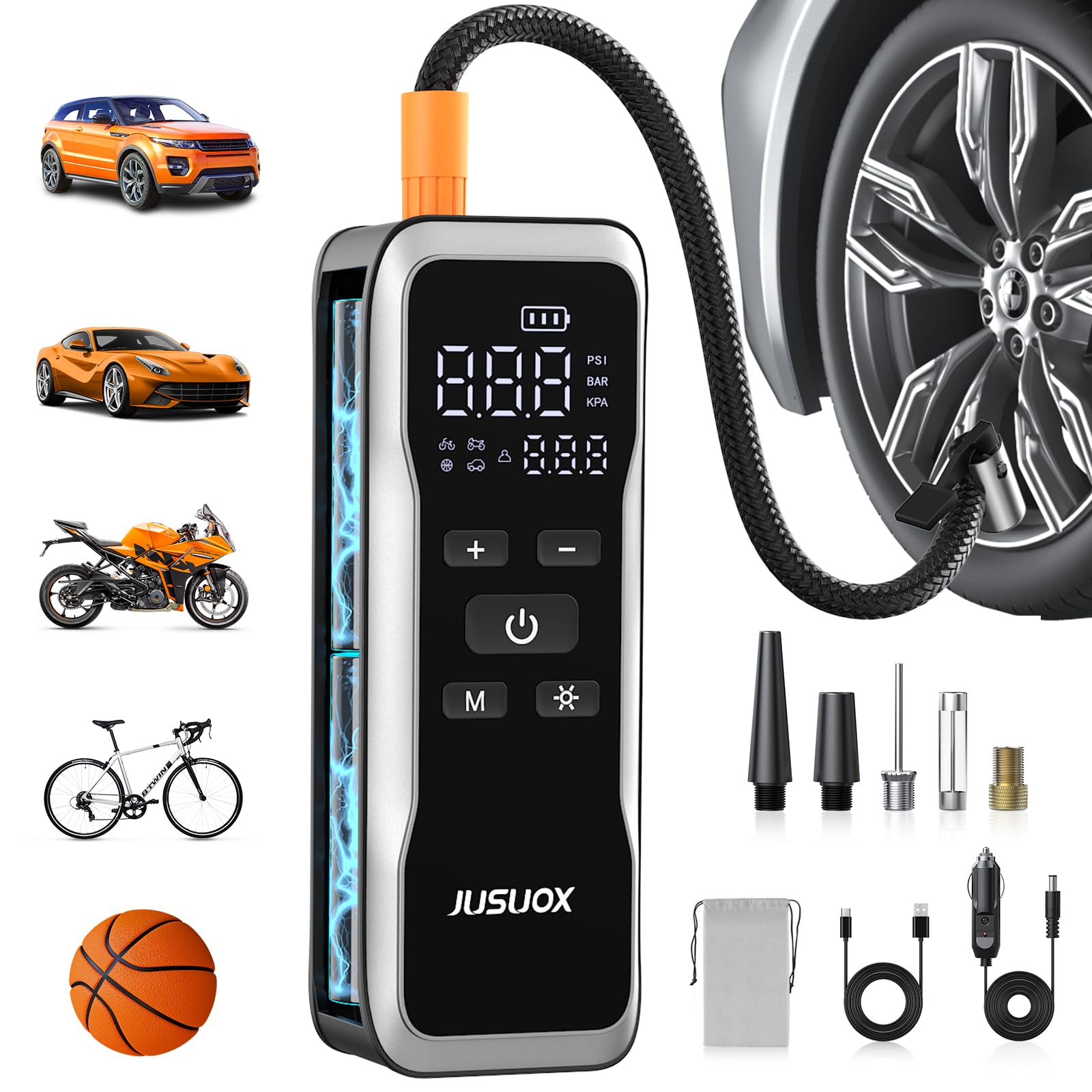 JUSUOX Tire Inflator Portable Air Compressor, Dual Power (Cordless & 12V DC) Air Pump for Car Tires, 150PSI Fast Air Pump for Moto, Bike, Large Capacity Battery, Digital Gauge with Emergency LED Light Image