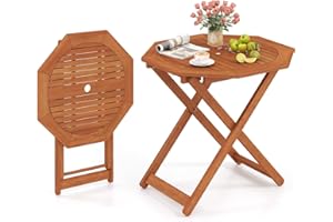 CLEEMAN Folding Outdoor Dining Table, Solid Wood Bistro Table with 2" Umbrella Hole, Octagon Foldable Patio Table for Porch Balcony Deck Garden Yard, Teak Oil Finish, No Assembly Needed (1)