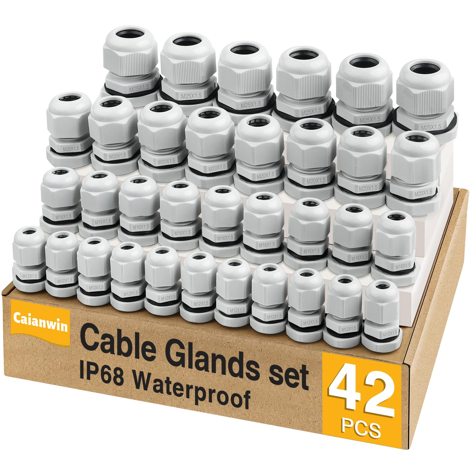 Caianwin 42Pcs Locknut Cable Glands Waterproof Connectors Set Cable Gland Set IP68 M12 M16 M25 M20 Cable Gland for Electrical Boxes Junction Boxes Wall-Mounted Distribution Boxes