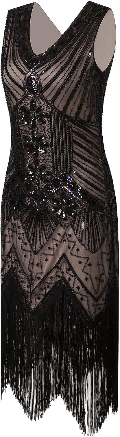 Vijiv Women 1920s Gastby Sequin Art Nouveau Embellished Fringed Flapper Dress