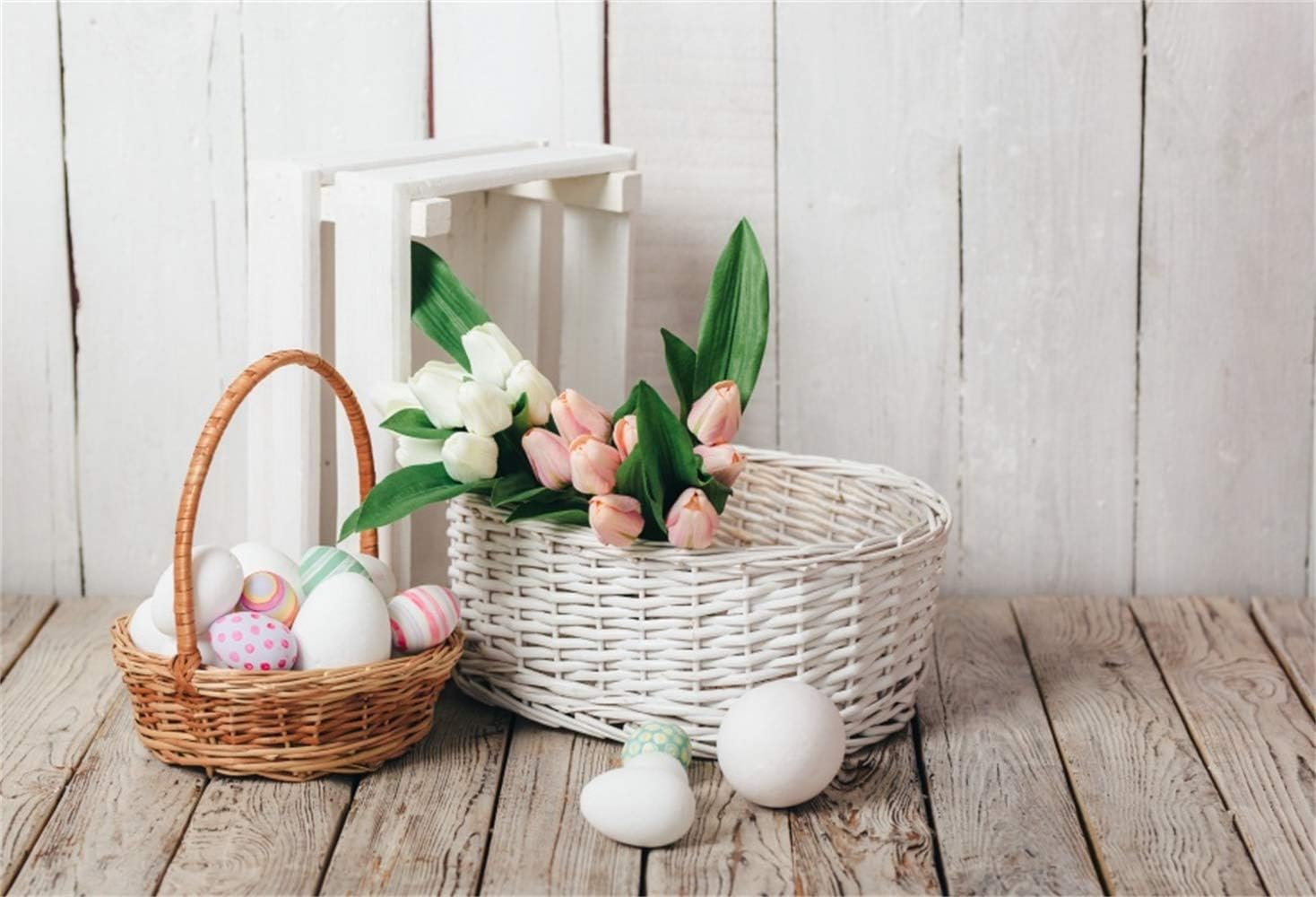 Amazon Com Laeacco 8x6 5ft Easter Backdrop Vinyl Chic Tulips Basket Easter Eggs White Wooden Wall Rustic Table Background Child Baby Kids Shoot Easter Celebration Activities Greeting Card Wallpaper Camera Photo