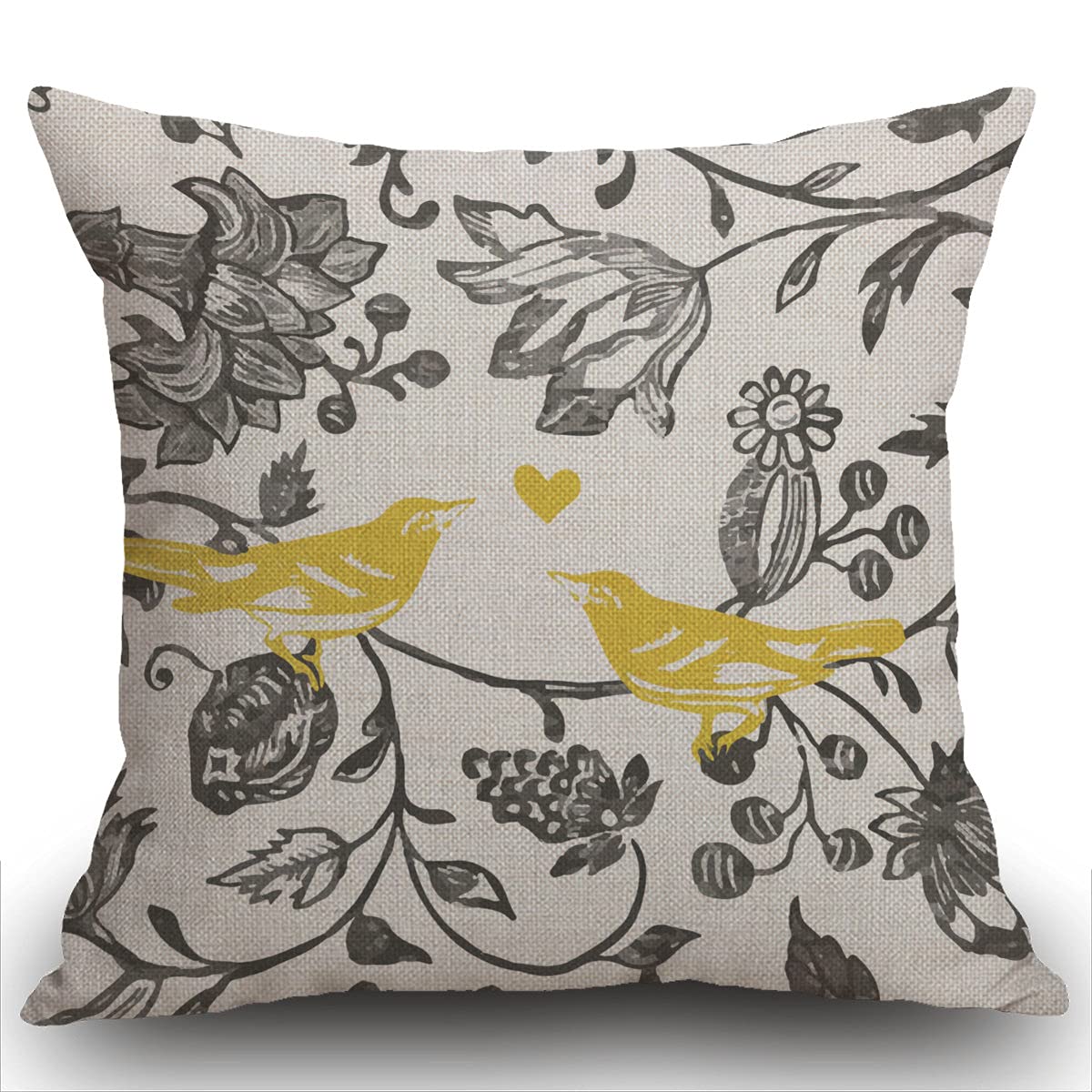 Smooffly Decorative Cushion Cover Square Size 18x18 Inches Trendy Yellow Gray Ivory Vintage Floral Bird Lumbar Throw Pillow Cover Pillowcase Decor Cushion Gift for Holiday Sofa Bed 45 x 45 cm
