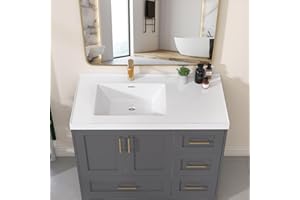 GETPRO Vanity Top 42 in. W x 22 in. D Solid Surface Cultured Marble Bathroom Vanity Sink Top and Integrated Backsplash Left Offset White Vanity Countertop Left Sink with Single Faucet Hole