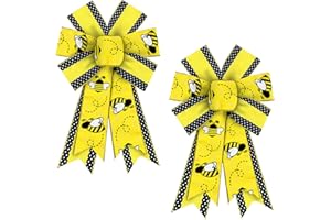 ABTOLS 2PCS Bumble Bee Wreath Bows, Black Yellow Stripe Bows for Wreath Yellow Bee Wreath Bows Spring Decorative Bows for Front Door Summer Burlap Tree Bows for Indoor Outdoor Decor