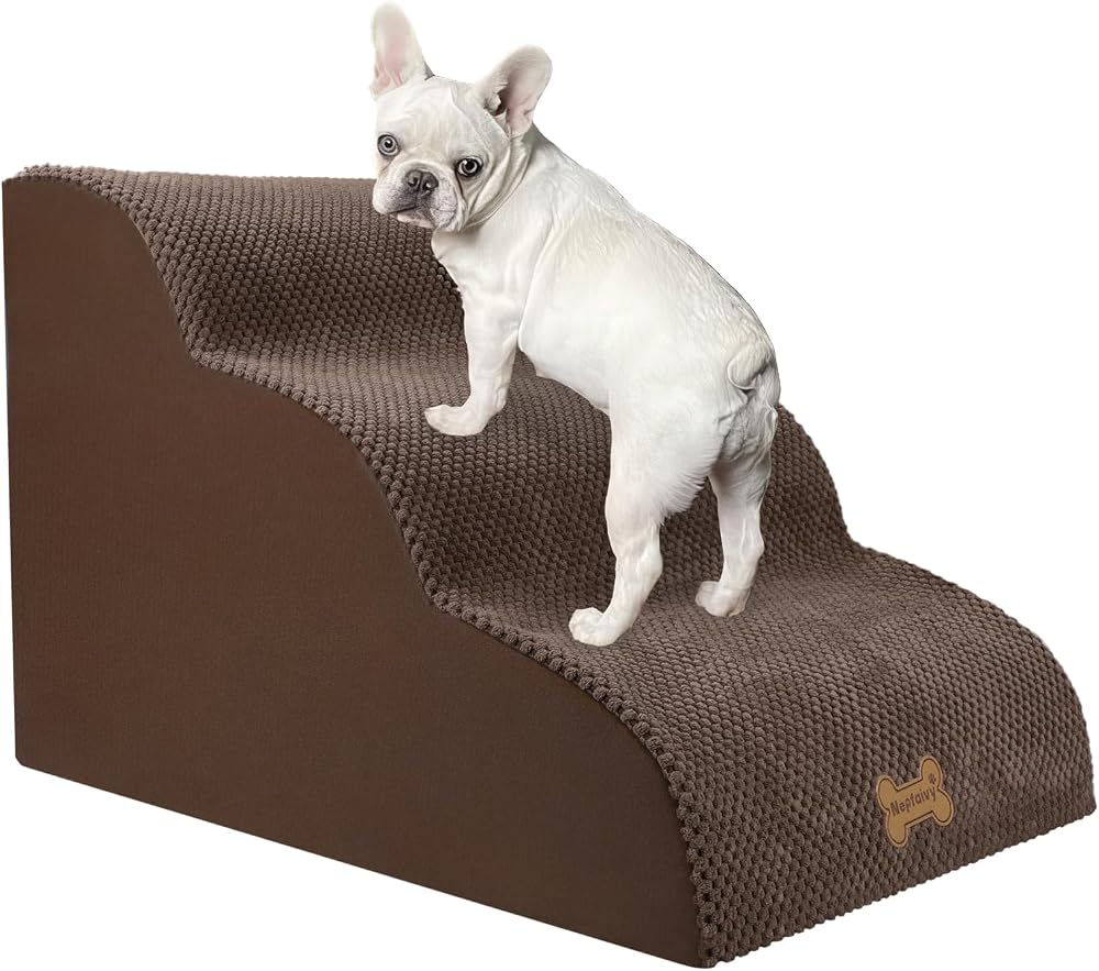 Nepfaivy 3-Step Dog Steps for Bed Non-Slip Foam 60x40x40cm Brown