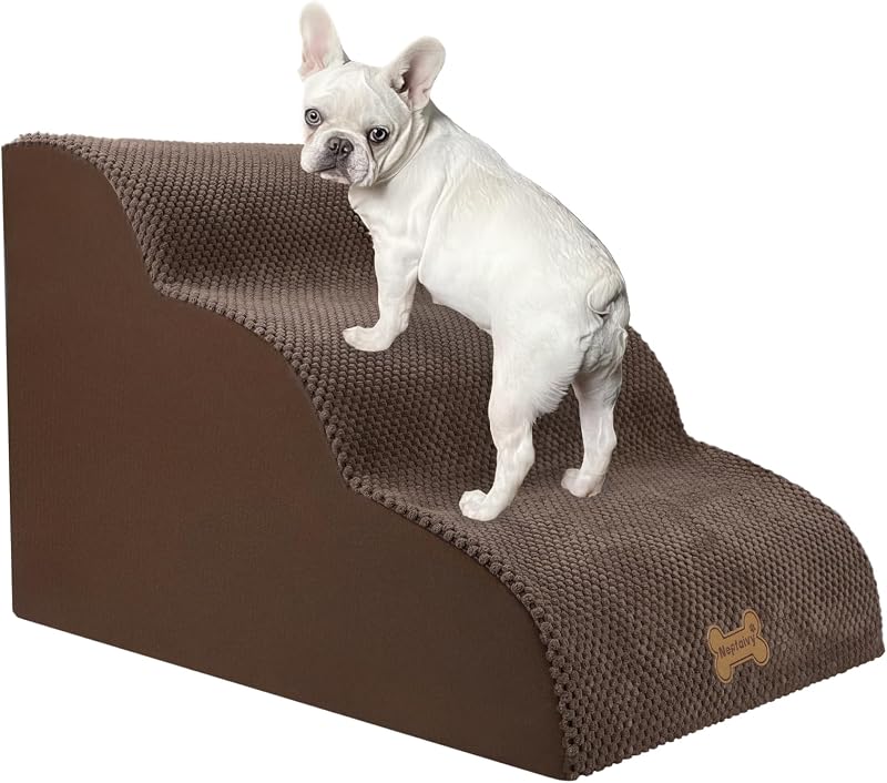 Nepfaivy 3-Step Dog Steps for Bed Non-Slip Foam 60x40x40cm Brown
