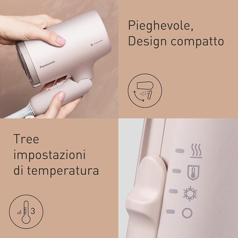 EH-NA7M-P825 Asciugacapelli Nanoe per Capelli Lucenti, Pieghevole, Asciugatura Rapida, Beccuccio Concentratore, 1600W, Rosa Chiaro