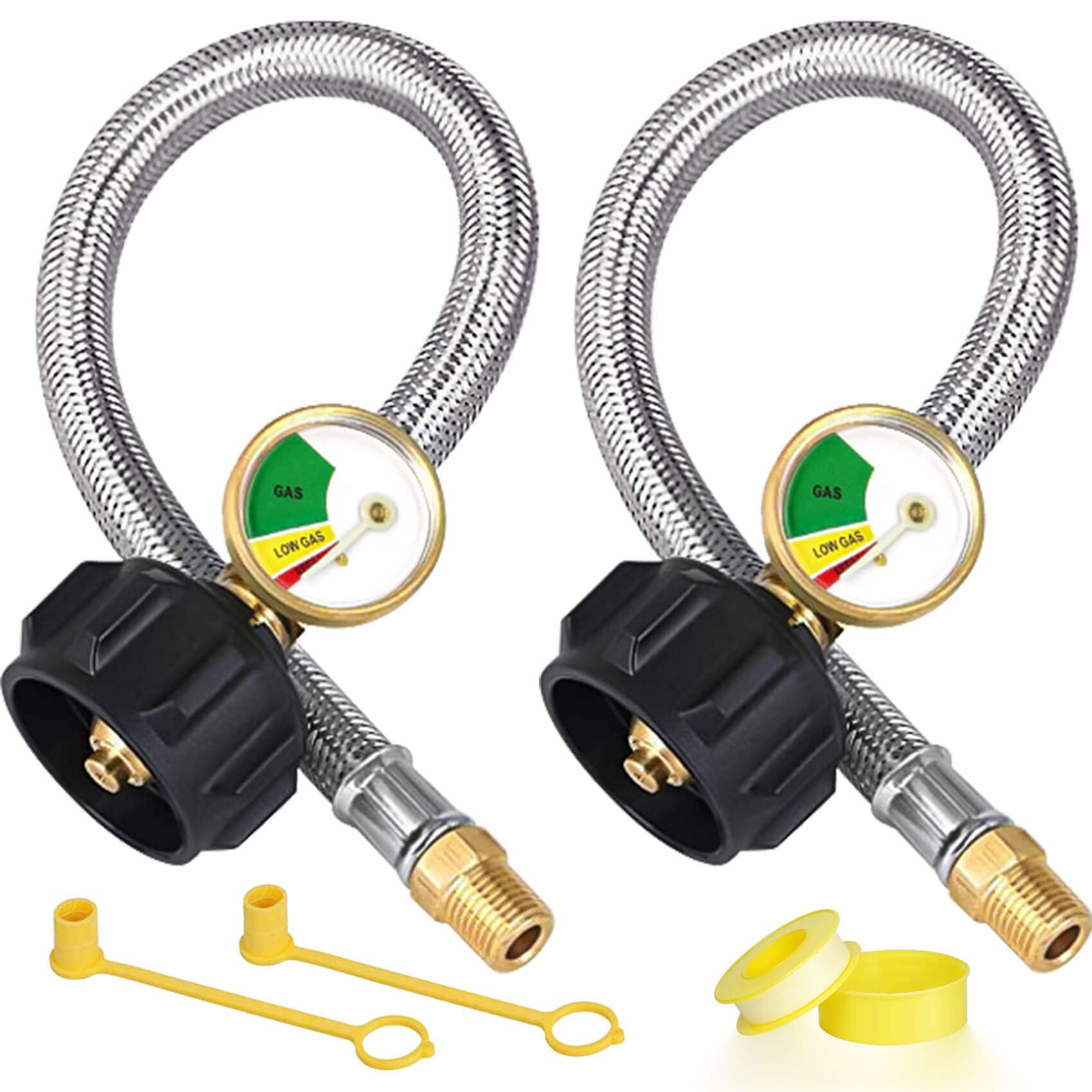 Photo 1 of Aekops 15 Inch RV Propane Hose Replacement with Gauge, 2 Pack Camper Propane Hose for RV Two-Stage Regulator, Stainless Steel Braided, 1/4" Male NPT & QCC 1 Inlet, 350PSI
