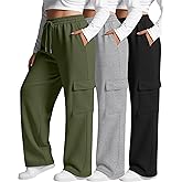 Neer 3 Pack Women's Plus Size Cargo Sweatpants Wide Leg Drawstring Bottom Pants Baggy Loose Casual Athletic Trousers
