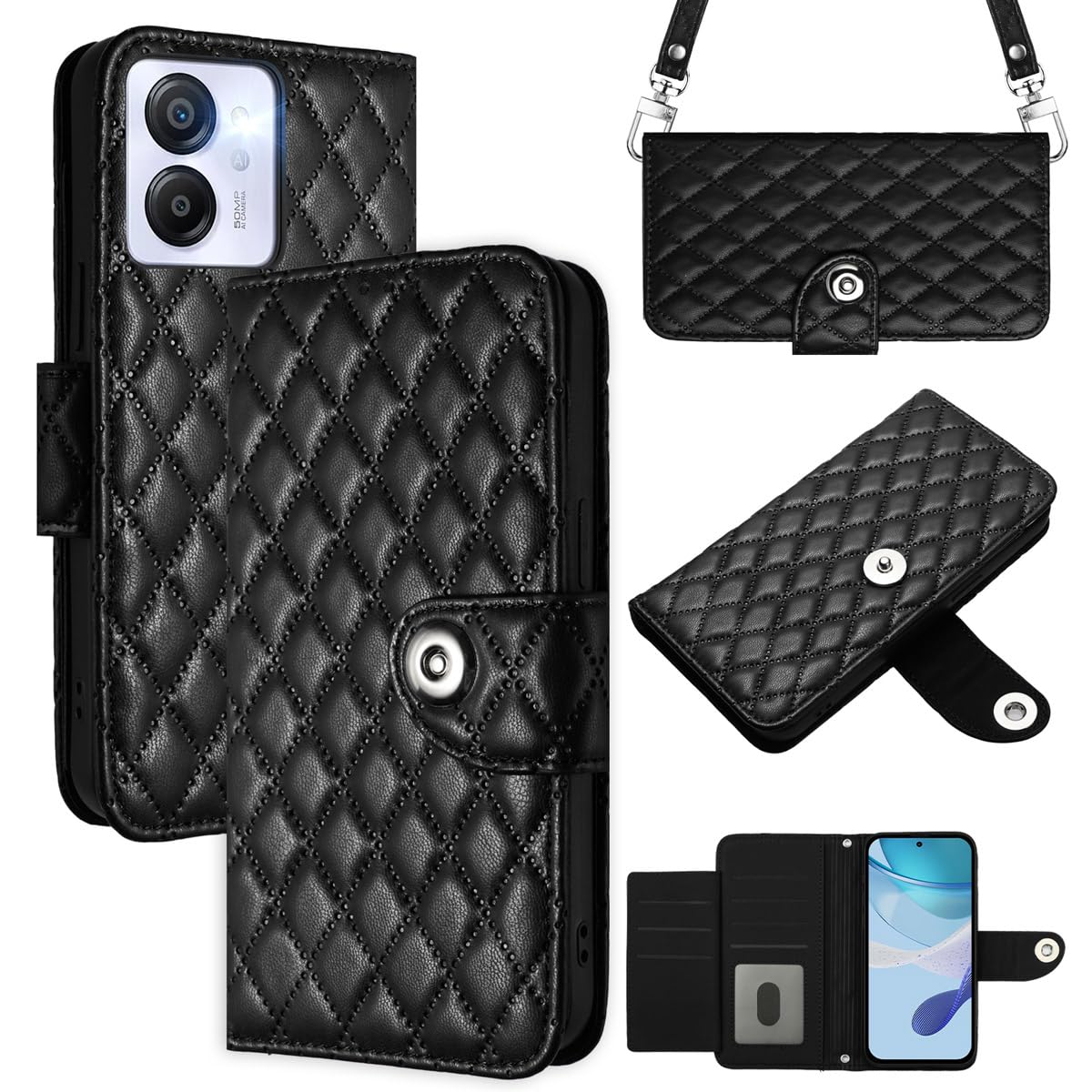 MOJIA Flip Case for Blackview Color 8 / Oscal Modern 8, PU Leather Wallet Case Flip Phone Cover, Card Holder Multifunctional Case with Wrist and Shoulder Strap. Black
