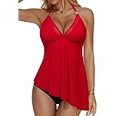 RXRXCOCO Mesh Halter Tankini Swimsuits for Women Tummy Control Swimsuit Asymmetrical Flowy High Waisted Bathing Suits