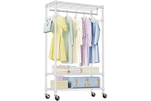 IZEUK Heavy Duty Rolling Garment Rack with 3 Adjustable Wire Shelves, Hanging Rod & Side Hooks - Mobile Clothes Rack with Wheels, 29.5" W x 15.7" D x 75" H, White