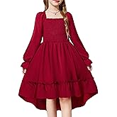 Arshiner Girls Dresses Puff Long Sleeve Fall Winter Smocked High Low Swing Midi Dress with Pockets