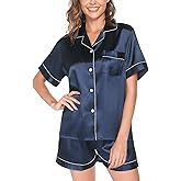 Reliwel Womens Silk Satin Pajamas Set 2 Piece Satin Pjs Shorts Set Soft Button Down silk Loungewear Sets