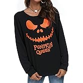 Women's Funny Halloween Pumpkin Face Sweatshirt Slouchy Witch Shirt Long Sleeve Pullover Tops for Thanksgiving Gift