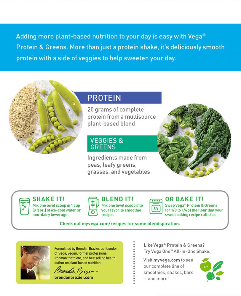 Vega Protein and Greens Vanilla (25 Servings, 26.8 Ounce) Vegan Plant