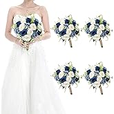 HOMENERGY Set of 4 Bridesmaid Bouquets for Wedding - 7 Inch Artificial Flower Bouquet for Party Ceremony Anniversary Dinning Table Centerpieces Decor -Navy Blue & Dusty Blue & White