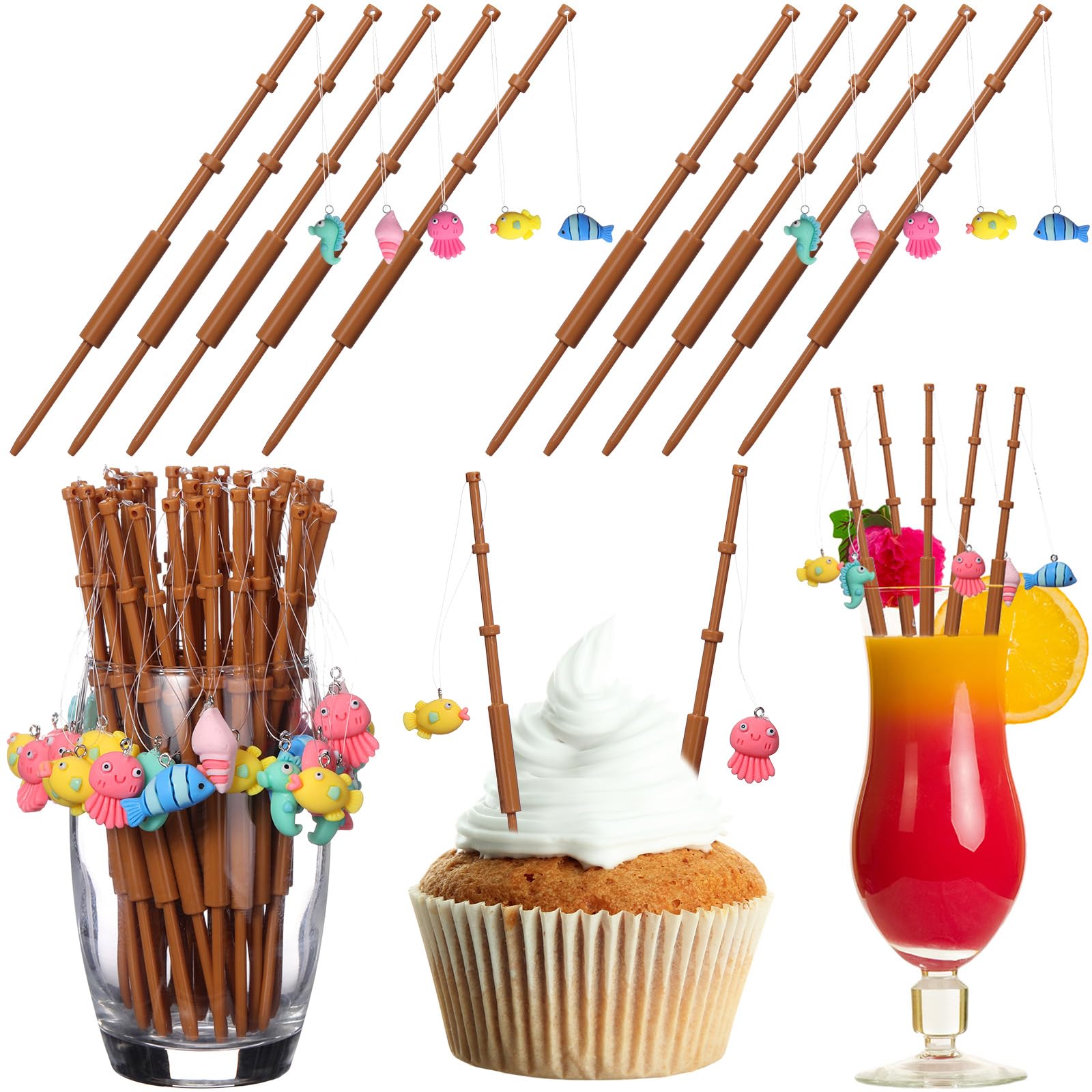Photo 1 of Weysat 40 Pcs Mini Fish Pole Decoration 3D Little Fisherman Fishing Themed Party Supplies for Cupcake Topper Birthday Tropical Party Drink Cake Decoration
