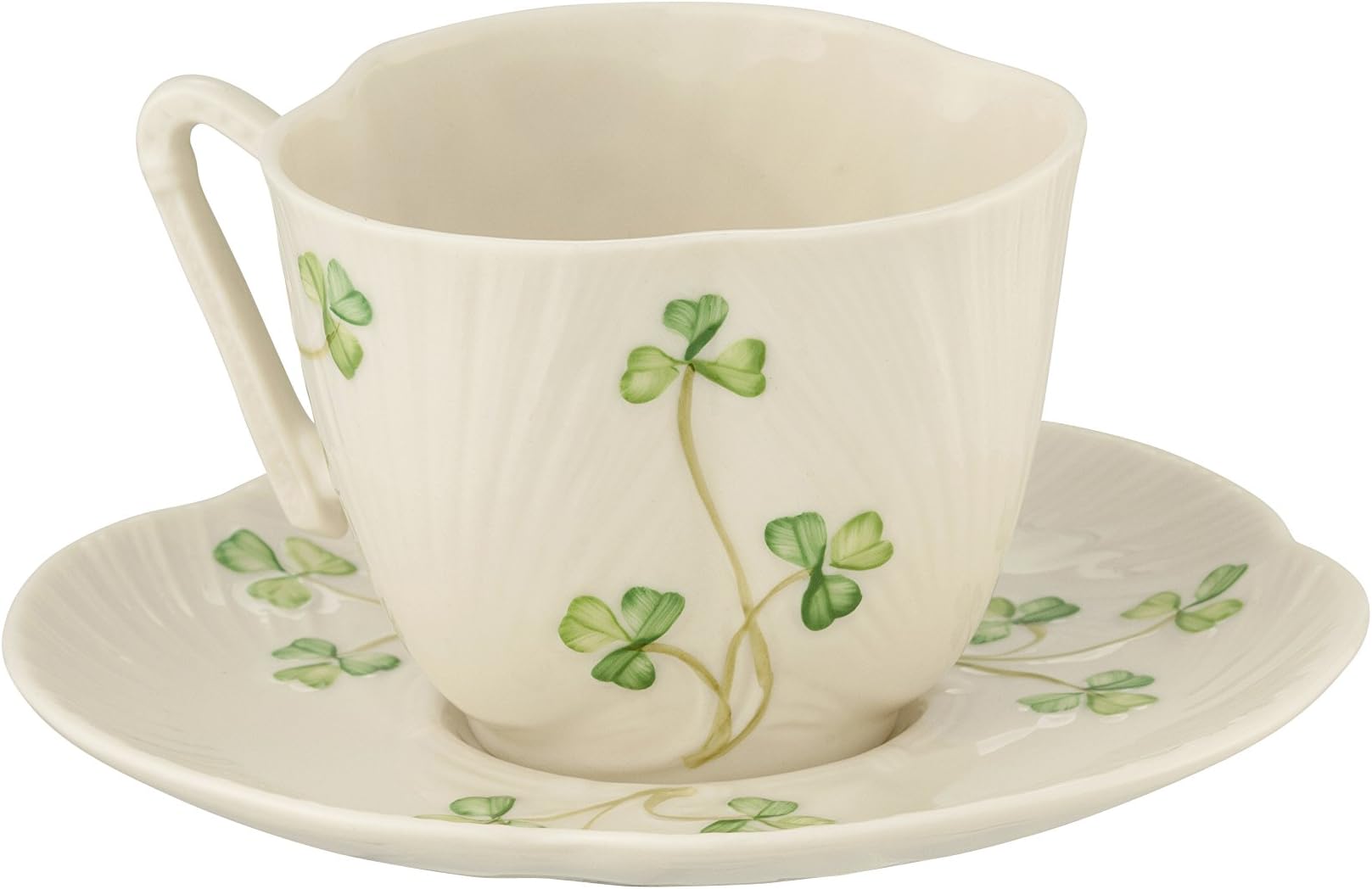 Belleek Pottery Harp Shamrock Cup and Saucer, Green/White