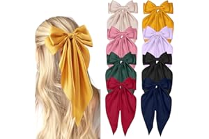 VOBOBE 8Pcs Big Satin Layered Hair Bows for Women Girls 8 Inch Barrette Hair Clip Long Black Ribbon Bows French Style Hair Ac