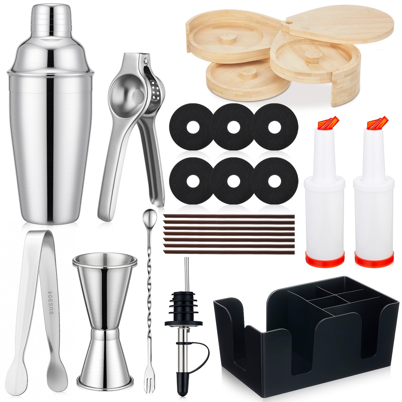 Photo 1 of ***MISSING PARTS***
Yiyiring Bartending Supplies 3 Pcs Cocktail Shaker Set, 3 Tier Bar Rimmers 12 Bottle Pourer 2 Plastic Juice Pour Bottle, Bar Caddy, 500 Stirrers, Serving Tongs Set, Sponges, Hand Juicer, Bartender Kit