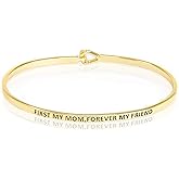 SM Inspirational Positive Message Engraved Thin Cuff Bangle Bracelets for Women (First My Mom,Forever My Friend - Gold)