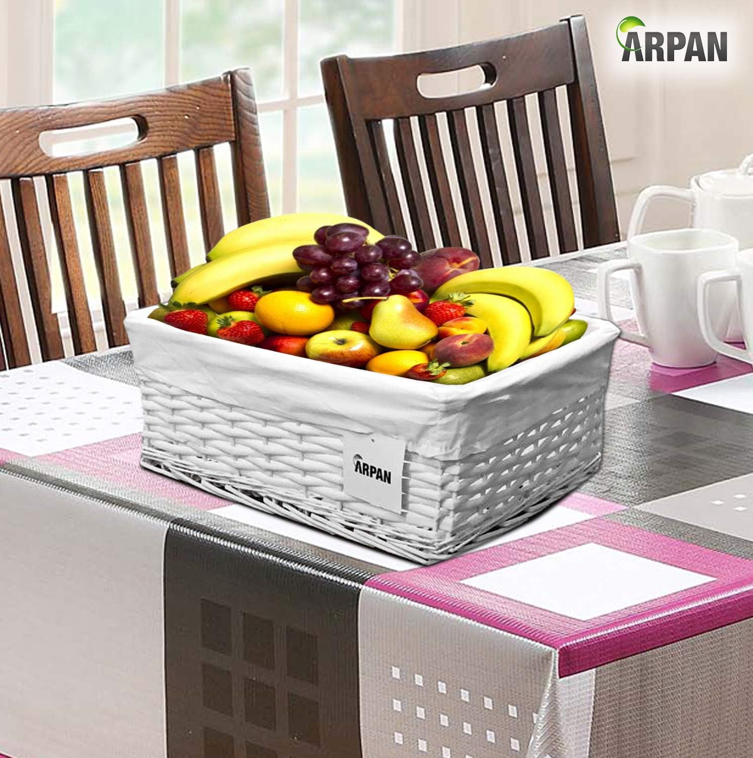 Arpan White Wicker Storage & Hamper Basket with White Cloth Lining, Small Baskets for Xmas Wedding, Confetti & Parties - Image 4