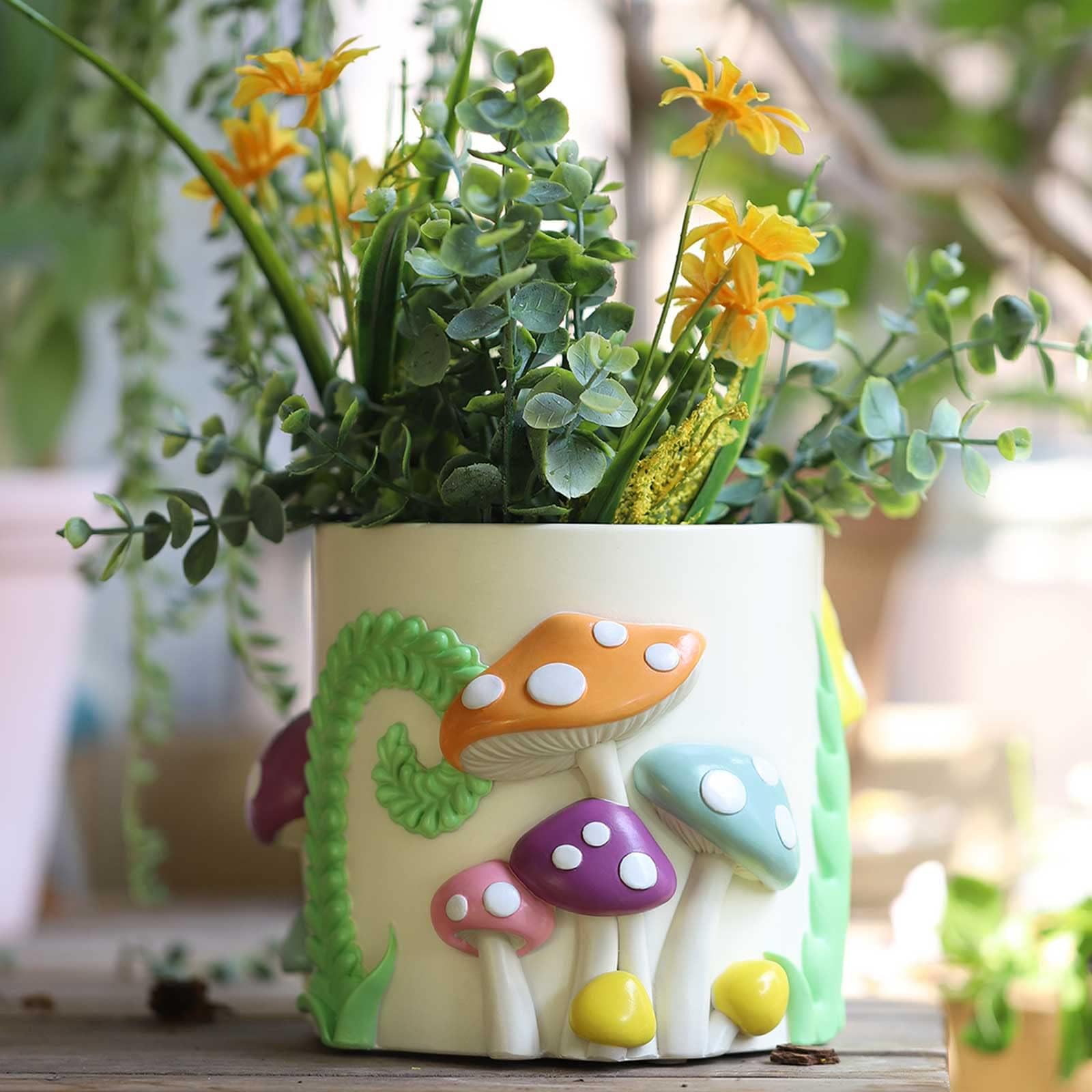 AmiCera Colourful Mushroom Plant Pots, Small Flower Pots for Indoor Plants, Cute Unique Planter with Drainage, Boho Modern Planter for Home Decor, Eclectic Funky Garden Gift, White