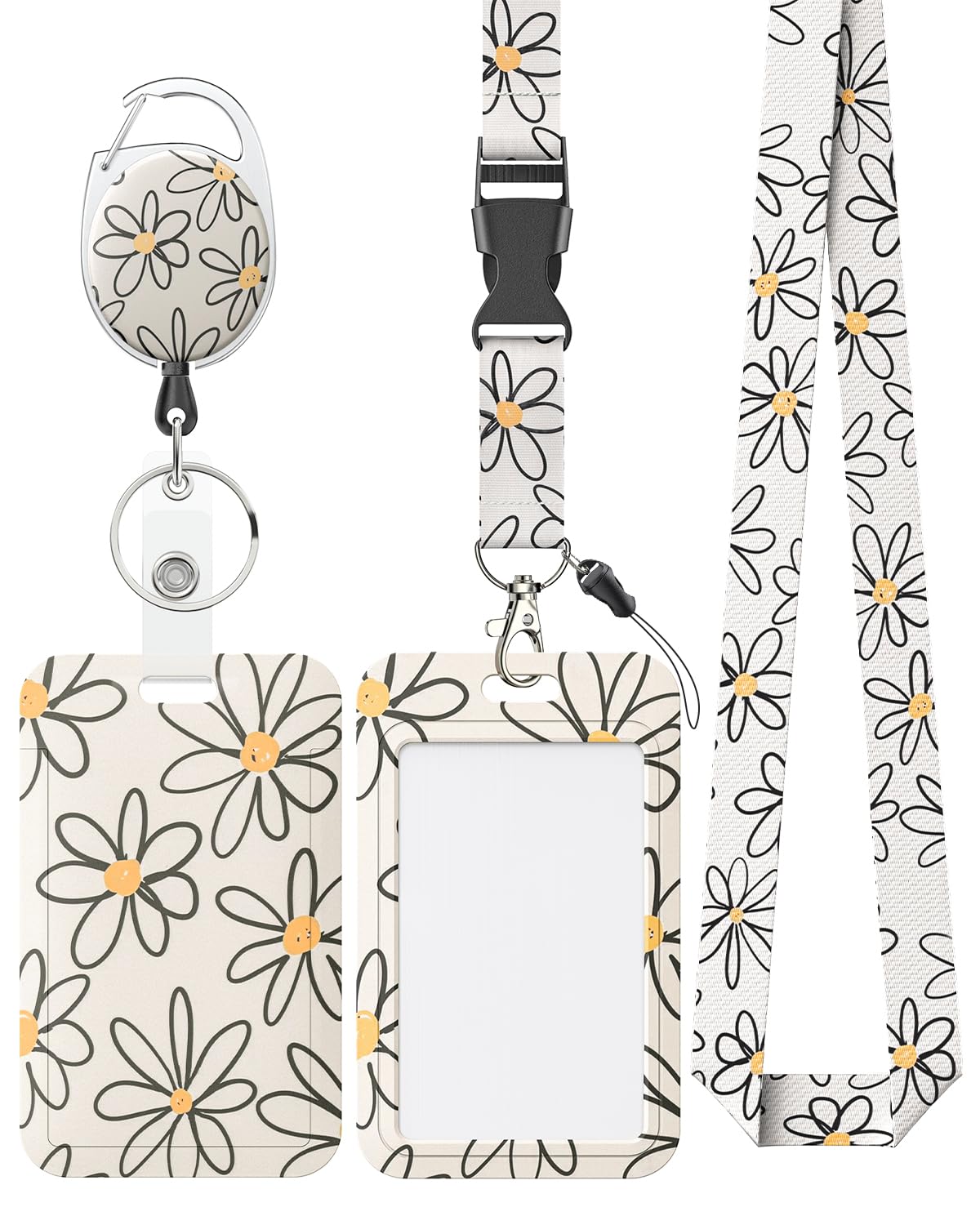 Photo 1 of Uniclife Floral Sliding Badge Holder White Flower Plastic Case with Retractable Badge Reel Carabiner Clip & Detachable Lanyard Strap Fashionable Vertical Card Protector for Women Nurse Teacher Student