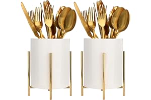 SIEBOLD 2pcs Sturdy Cutlery Holder White Ceramic With Metal Bracket Robust Silverware Caddy For Countertop - Spoon Holder Sil