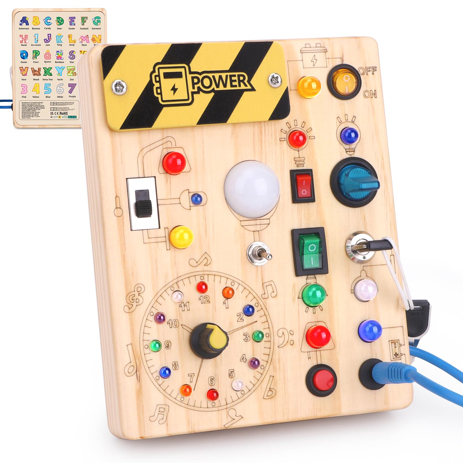 Konijiwa Montessori Busy Board for Toddlers for 1 year old Activity Board Wooden Toy with 10 Switches and 23 LED Lights Sensory Board Toys for 1 year old Boys from 1 2 3 4 years Boys and Girls