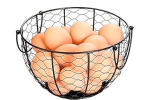 Farmhouse Wire Egg Basket, Round Metal Chicken Egg Holder with Handle Vintage Rustic Fruit Basket Egg Collecting Basket Count