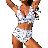 ZAFUL Womens High Waisted Bikini Sets Sexy V Neck Two Piece Swimsuit Cute Bow Ruched Bathing Suit