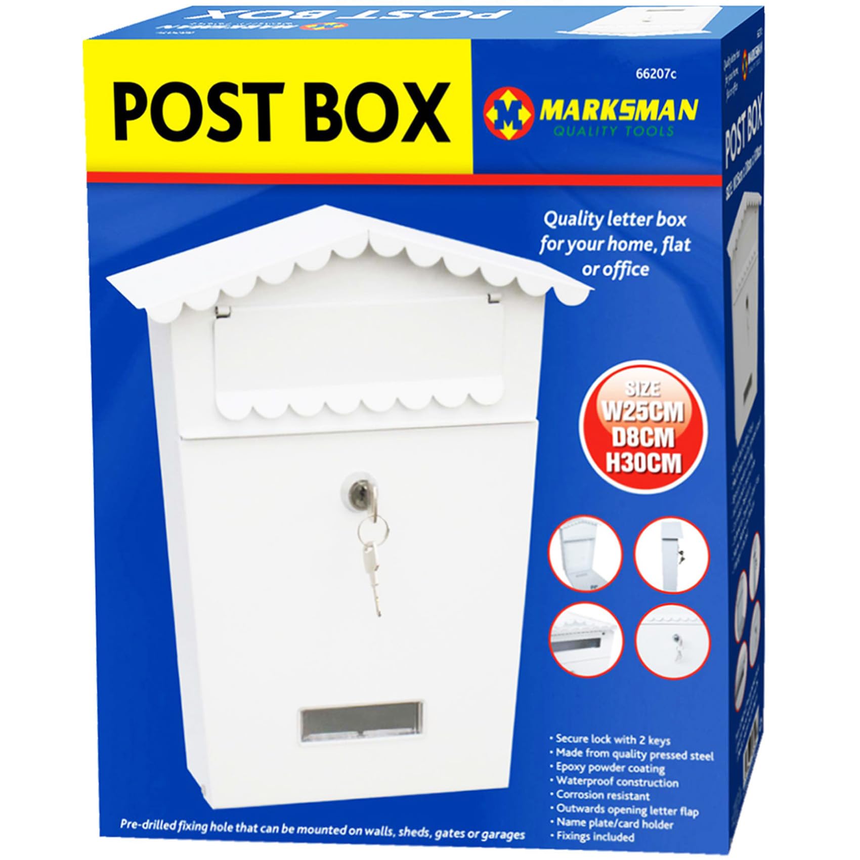 MARKSMAN Post Box COMPACT (W25cm x D8cm x H30cm) Mail Letter Holder Steel Lockable Heavy Duty Letter Box For Home, Flat Or Office Outdoor Wall Mounted With Keys UK FREE P&P (White)
