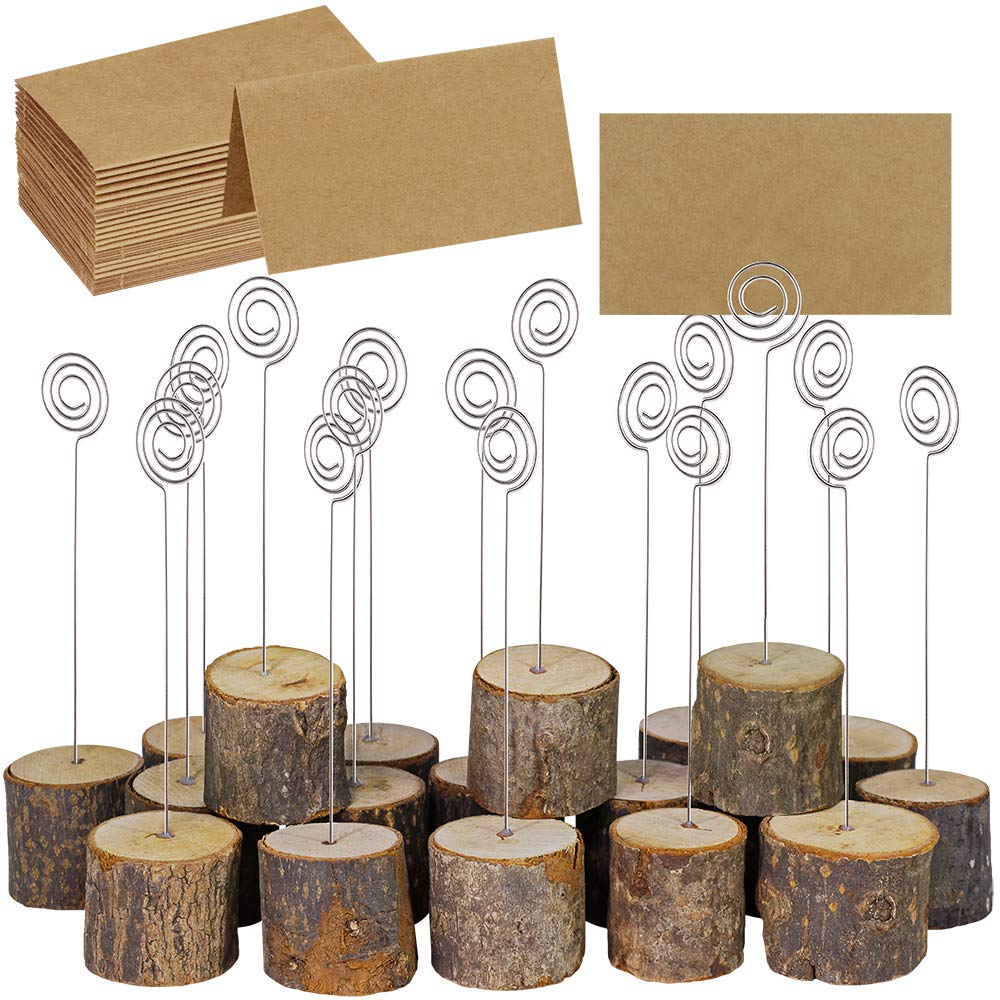 Photo 1 of Supla 20 Pcs Rustic Wood Place Card Holders with Swirl Wire Wooden Bark Memo Holder Stand Card Photo Picture Note Clip Holders 5.8" and Kraft Place Cards Bulk for Wedding Party Table Number Name Sign