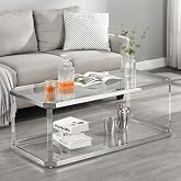 MINPINSER Glass Coffee Table, Clear Coffee Table with 2 Tiers, Acrylic Leg, Chrome Frame, Rectangular Center Table for Living Room (Chrome-New)