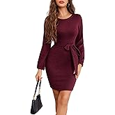 Dressystar Women's Long Sleeve Crewneck Ribbed Knit Sweater Dress Casual Elegant Midi with Tie Waist Belt for Fall/Winter