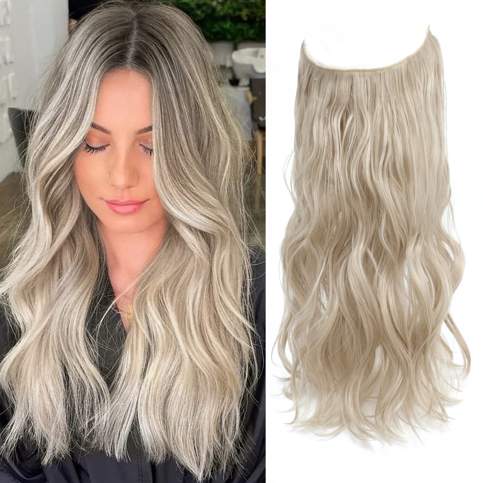 Secret Hair Extensions, Invisible Wire Wavy Synthetic Hair Pieces for Women, 20 Inch Ash Blonde Hair Extensions, Daily Party Wedding Use — image 1