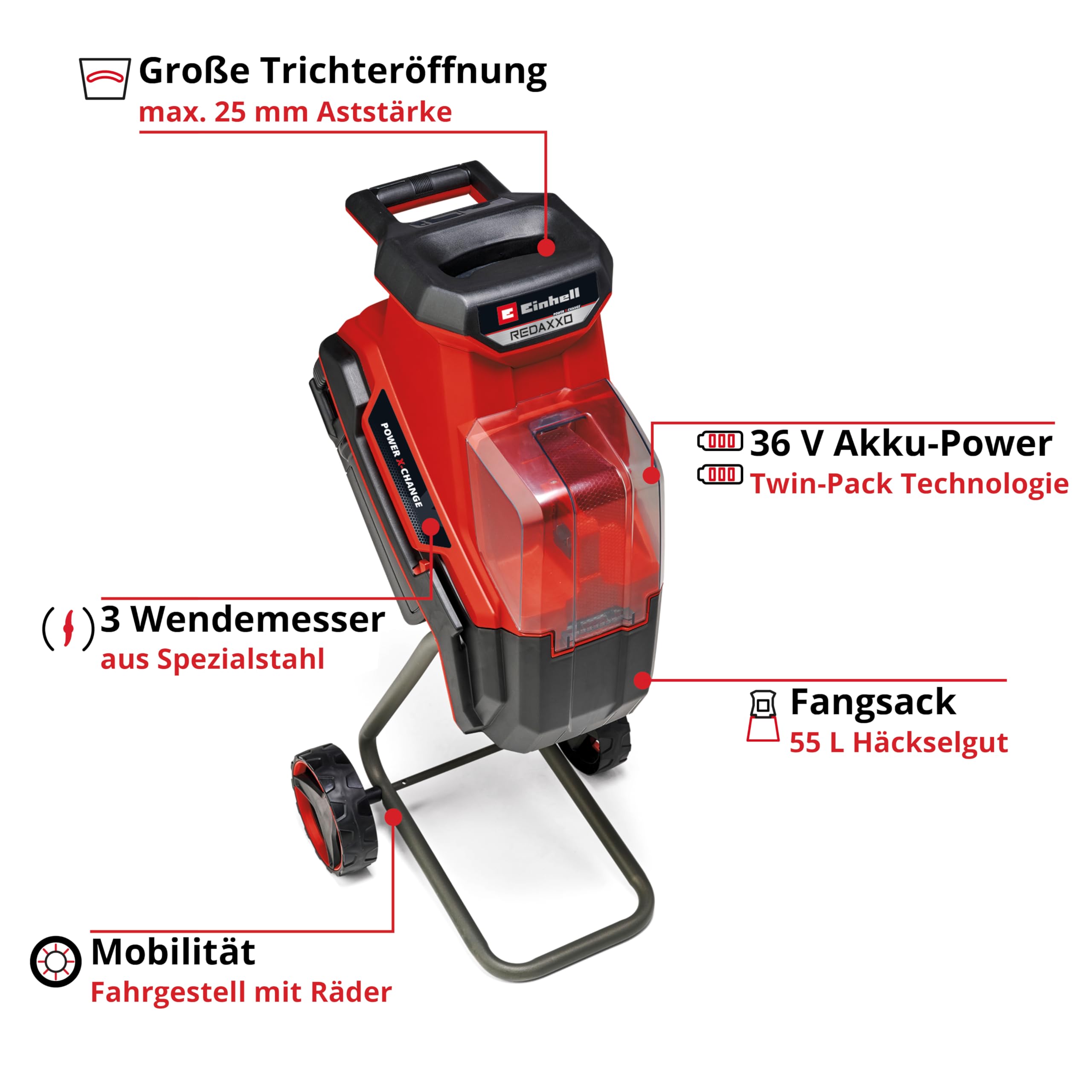 Einhell Akku-Messerhäcksler REDAXXO 36/25 Power X-Change (36 V, max. 25 mm Aststärke, 3 Wendemesser aus Stahl, 55 L Fangsack, Transportgriff, Stopfer) 3