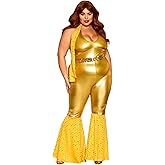 Dreamgirl Womens 70s Disco Costume, Adult Retro Gold Jumpsuit, Disco Fox Halloween Costume