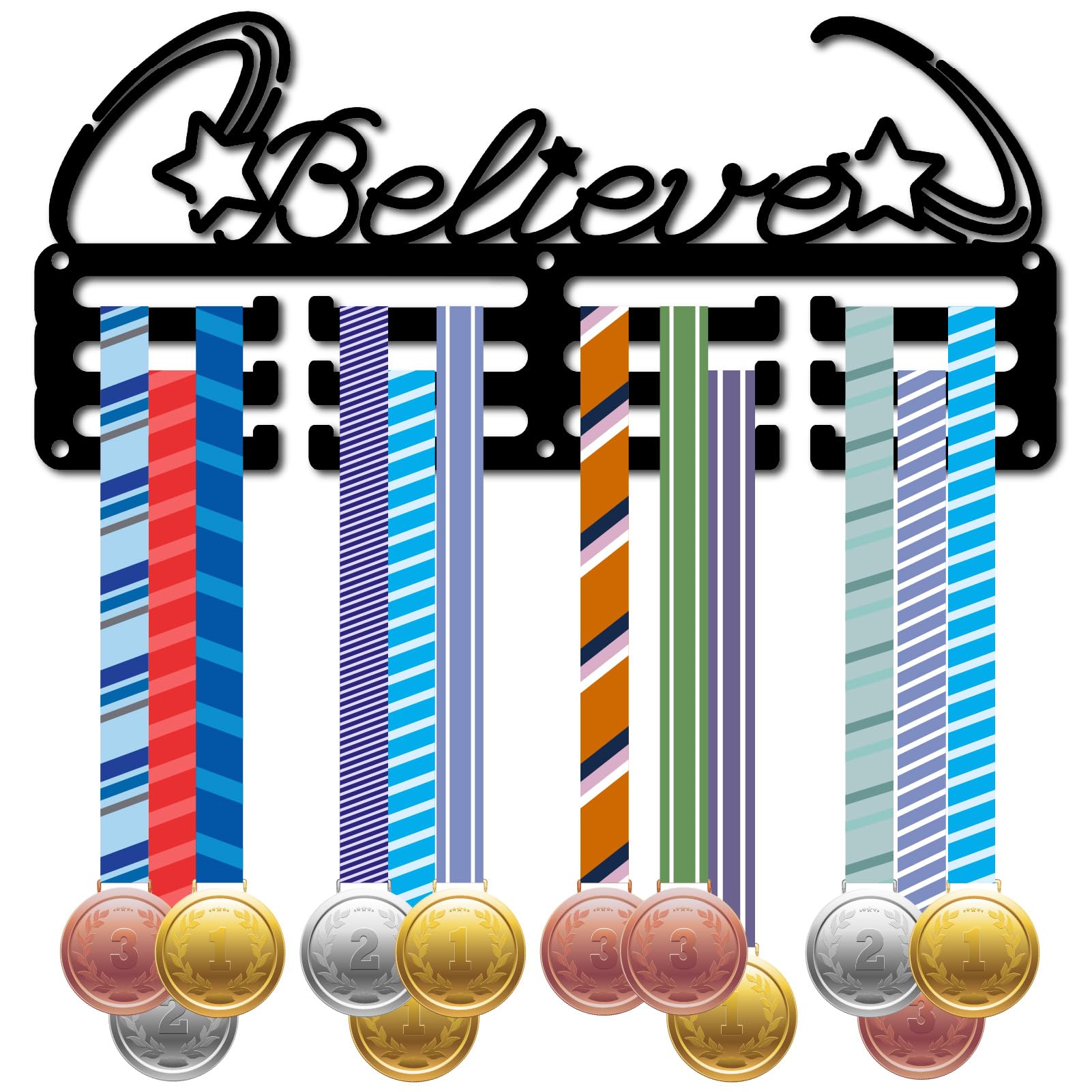 CREATCABIN Believe Medal Holder Display Hanger 30+ Medals Rack Medal Holder Metal Black Shelf Hanger Organizer Medal Stand Small Frame Wall Mounted Hanging for Soccer Race Medalist 11.4 x 5Inch