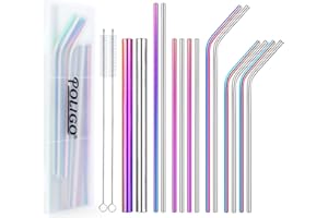 POLIGO 16pcs Reusable Stainless Steel Straws, Colorful Rainbow Iridescent Metal Drinking Straws with Portable Case and Cleaning Brushes for 20, 30 Oz Yeti Tumbler, Smoothies and Bubble Tea