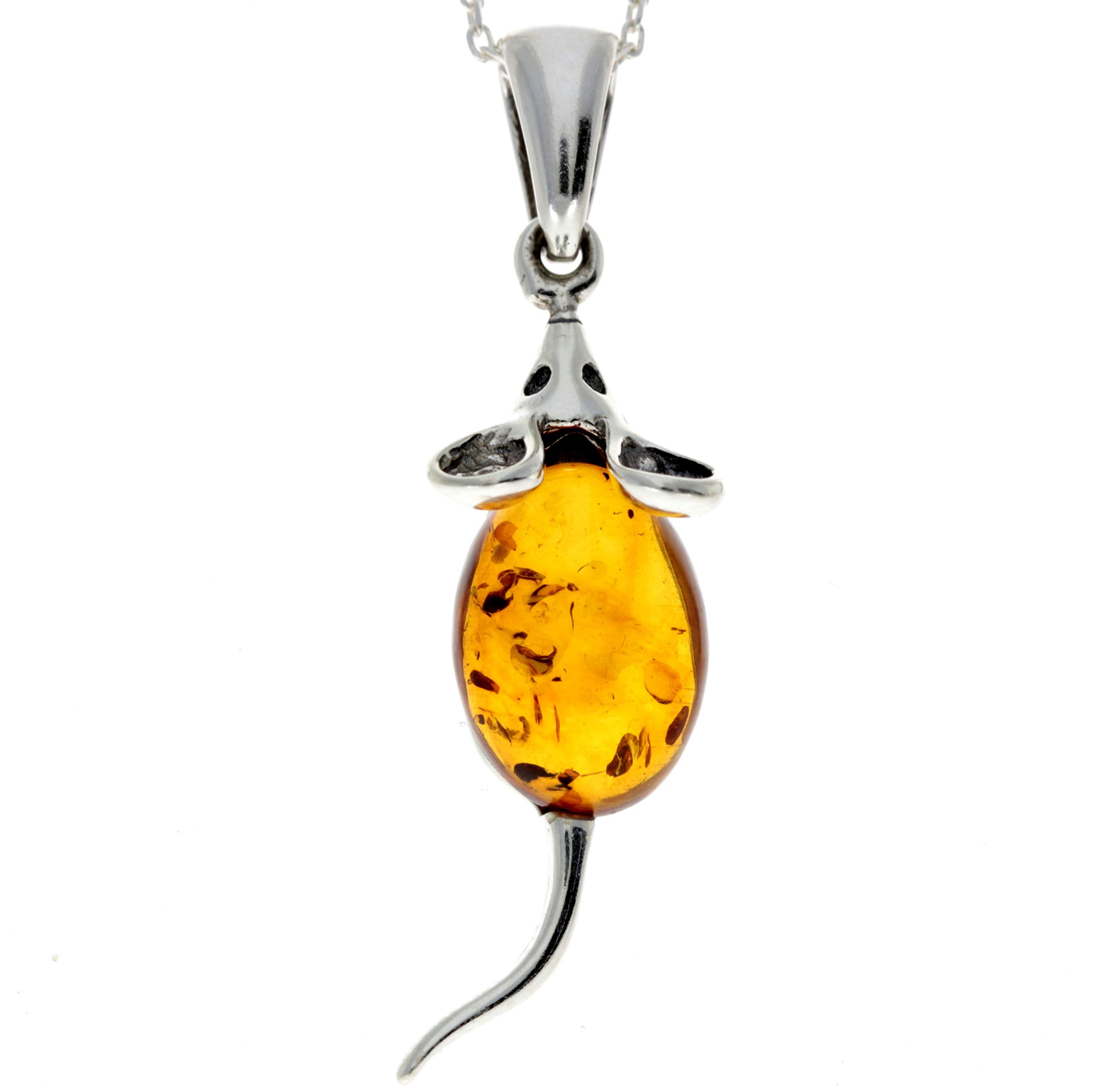 Genuine Cognac Baltic Amber & Sterling Silver Mouse Pendant without Chain - 568C