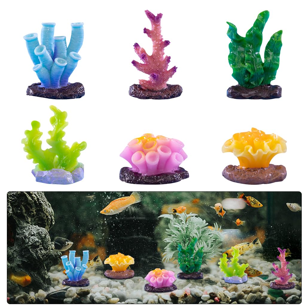 KyeeaDIY Aquarium Décor 6pcs Fake Coral Plant, Resin Artificial Colorful Coral Reef Fish Tank Accessories