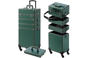 Somduy Makeup Train Case, Rolling Makeup Case with Lid, 5 in 1 Cosmetology Case on Wheels, Christmas Gift, Large Makeup Case Organizers, Profesional Cosmetic Case for Salon Barber, Green