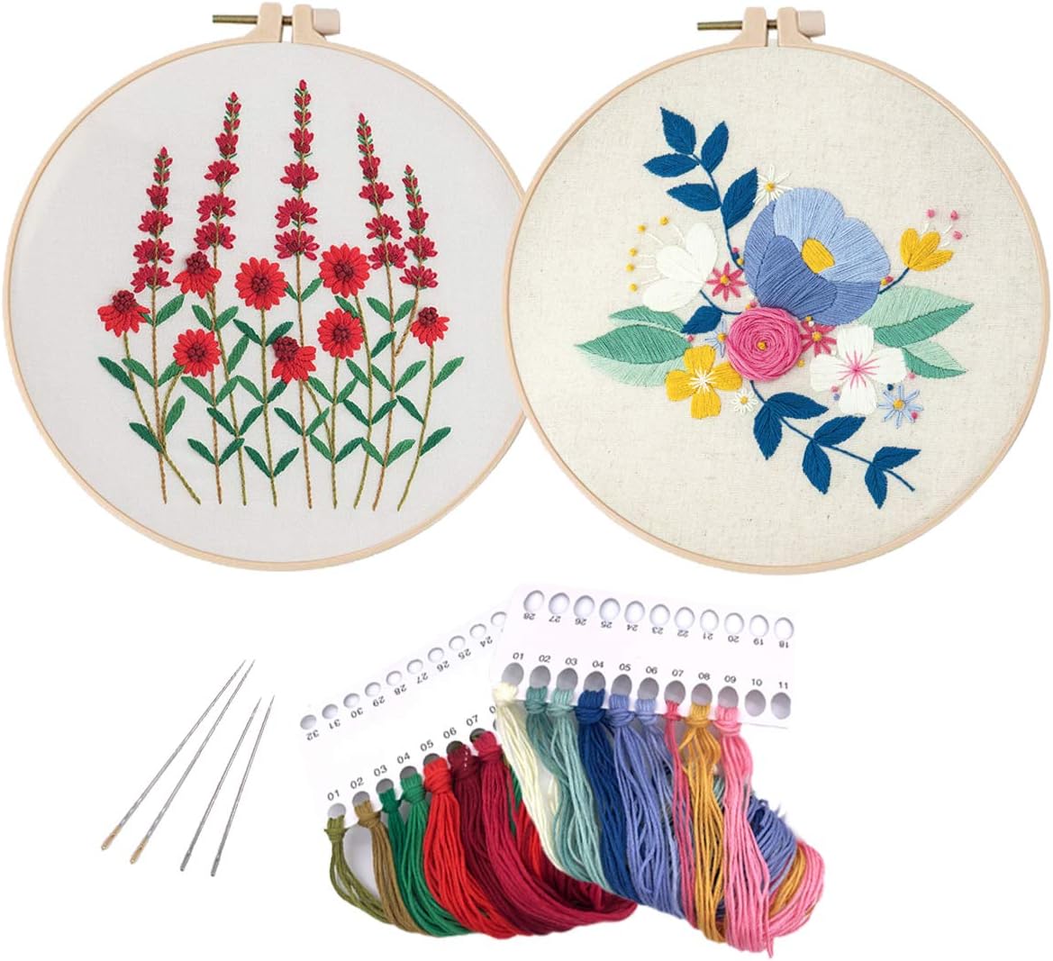 2 Pack Embroidery Starter Kit Including Embroidery Cloth with Pattern, Stab-Resistant Plastic Embroidery Hoop, Color Threads and Tools Kit(Kit3:Plain&Colorful Flower),Home Decoration,Special Gift