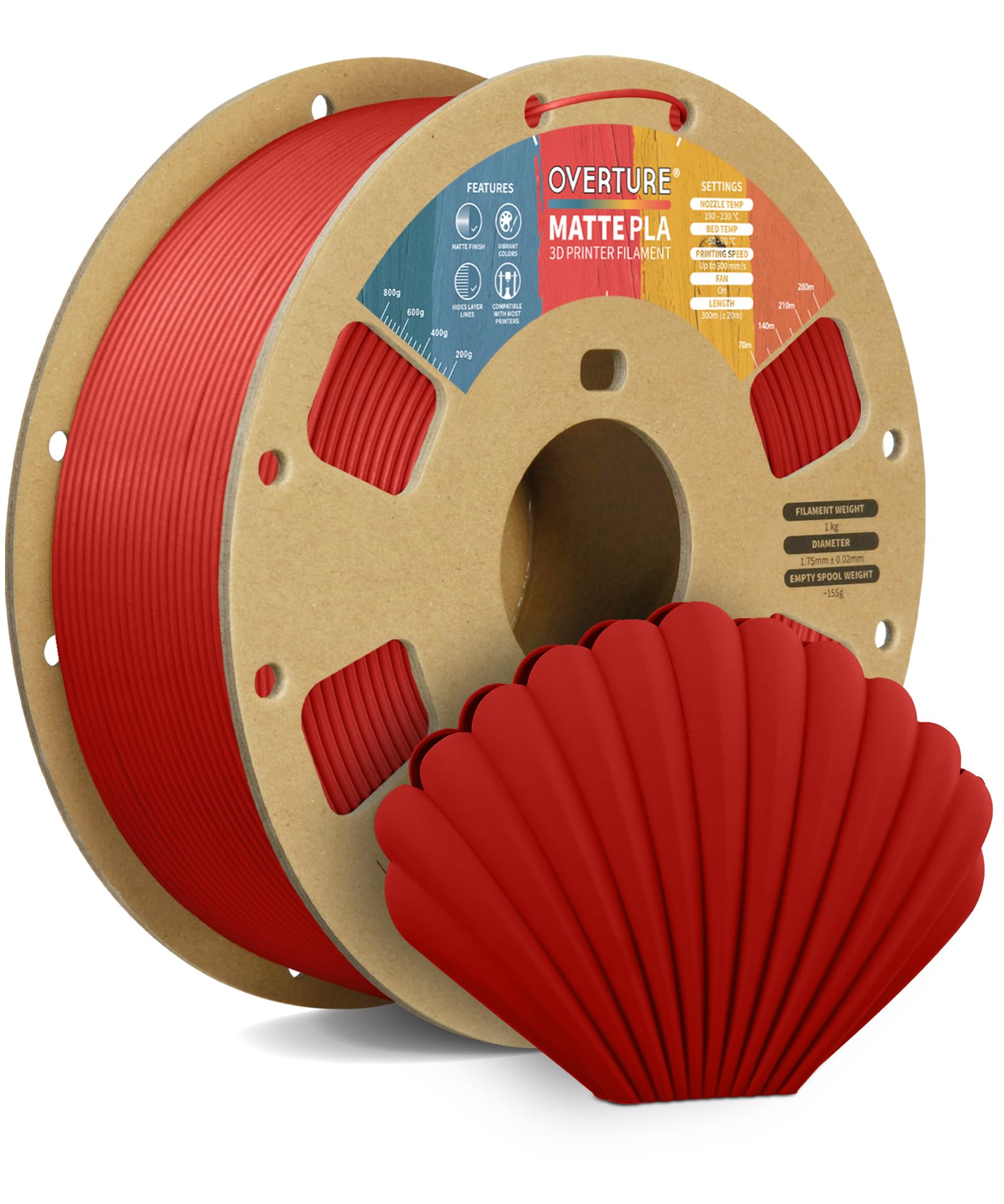 OVERTURE Matte PLA Filament 1.75mm, Easy to Print, PLA Matte 3D Printer Filament 1kg (2.2lbs), Cardboard Spool, Accuracy ± 0.02mm (Matte Brick Red)