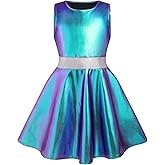 IBAKOM Girl Shiny Metallic Dress Toddler Holographic 80s Sparkly Outfits Kids Alien Halloween 90s Prom Swing Skater Dress