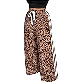 RoseSeek Women's Plus Size Y2K Leopard Striped Pants Drawstring High Waisted Wide Leg Loose Trousers